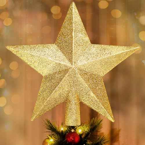 Glitter Christmas Star Tree Topper for Holiday Decorations, Christmas Tree Decoration for Holiday Ornament and Home Decor, Shatterproof Tree Toppers for Party Indoor £¦ Outdoor-Gold 8 inch