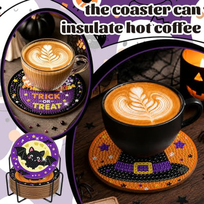 Halloween Diamond Art Coaster Set with Holder - Cat Spider Pumpkin Bat Ghost DIY Crafts Kit - Variation Halloween-7