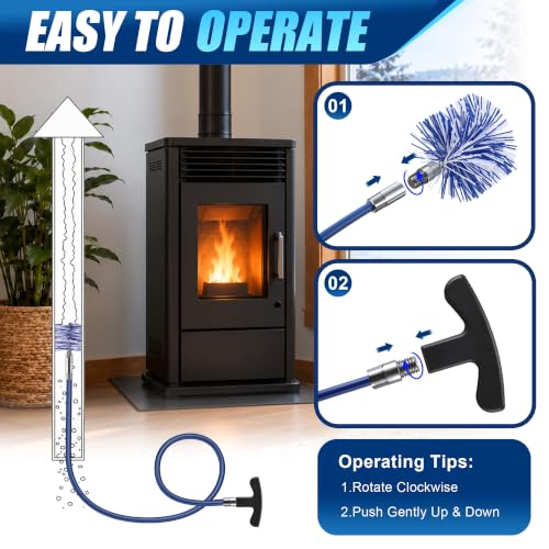 Pellet Stove Cleaning Brush Kit with 10 Ft Flexible Steel Rod & Blue 3-Inch Brush Head