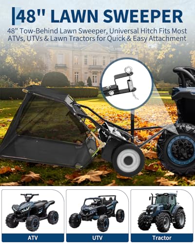 48-Inch Tow Behind Lawn Sweeper with 16 Cu.Ft Capacity and Adjustable Brush - Black