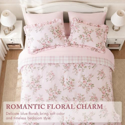 Pink Ruffled Floral Comforter Set Full Size - 7 Piece Bed-In-A-Bag