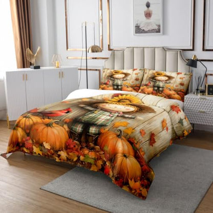 Manfei Fall Kids Bedspread Set Queen Size Pumpkin Maple Leaf Coverlet with Pillowcases - Orange Brown