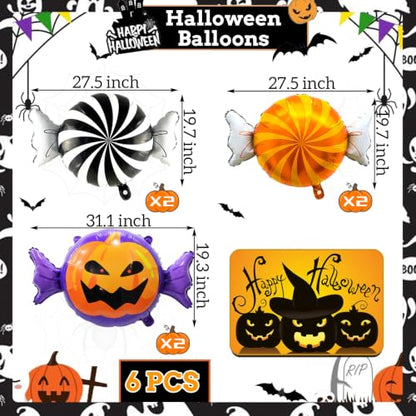 Halloween Candy Balloons Kit - 6pcs Pumpkin & Black Orange Balloons for Party Decoration - Candy Variation