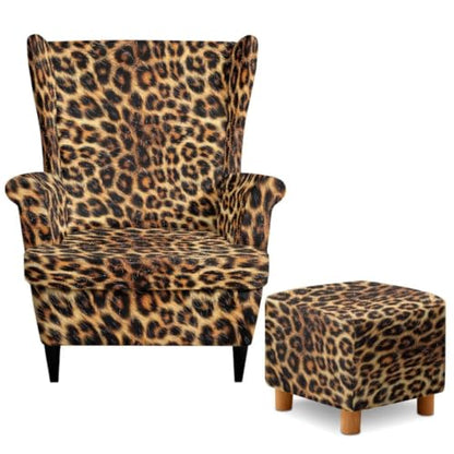 Leopard Print Wingback Chair and Ottoman Slipcover Set - Sarogrorin