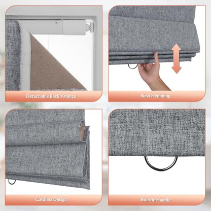 No Drill Blackout Linen Roman Shade - Dark Grey, 35x36 Inches