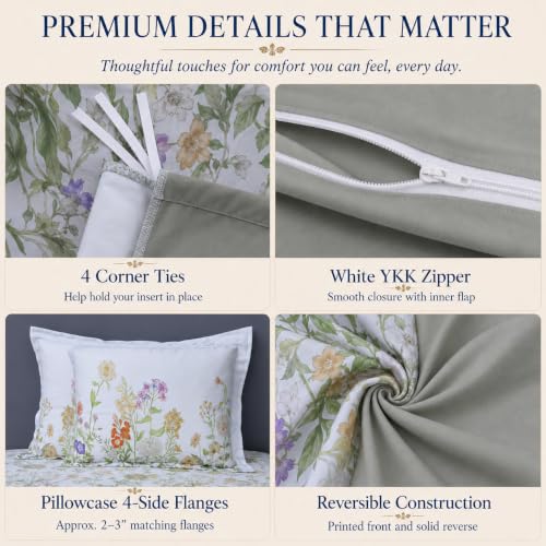 Reversible Queen Duvet Cover Set with Cooling TENCEL & Brushed Cotton - Wildflower Meadow Sage Green, 3 Pieces