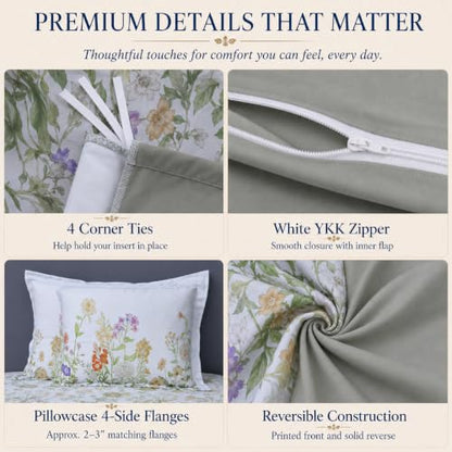 Reversible Queen Duvet Cover Set with Cooling TENCEL & Brushed Cotton - Wildflower Meadow Sage Green, 3 Pieces