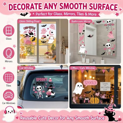 Pink Halloween Window Clings Set - 115 Reusable Spooky Decals for Glass