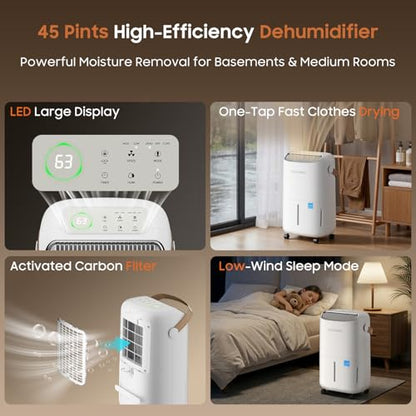 45 Pint Dehumidifier for Large Rooms up to 4500 sq.ft - White - Energy Star