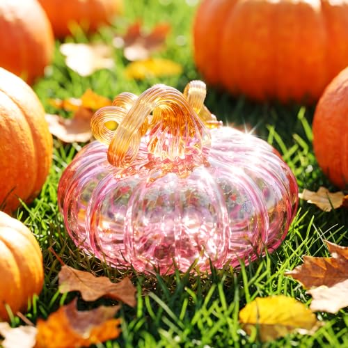 Pink Glass Pumpkin Halloween Fall Decor - 5.11 Inch Tabletop Centerpiece