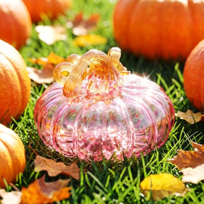 Pink Glass Pumpkin Halloween Fall Decor - 5.11 Inch Tabletop Centerpiece