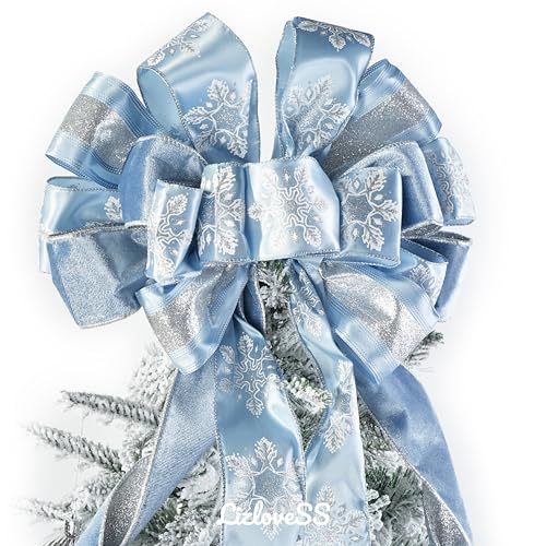 Dusty Blue and Silver Christmas Tree Topper Bow - 13 x 53 Inches - Handmade, Glitter Snowflake & Striped Design