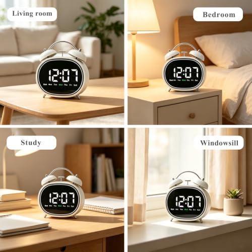 Small Round Digital Alarm Clock with Silent Mode - White