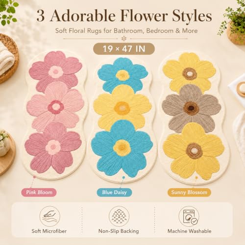 Pink Flower Bath Mat - 19x47 Inch Non-Slip Water-Absorbent Rug for Bathroom & Bedroom (Pink-C)