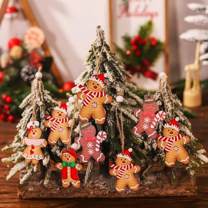 12PCS Gingerbread Man Christmas Ornaments Wooden Hanging Decorations for Holiday Tree & Home