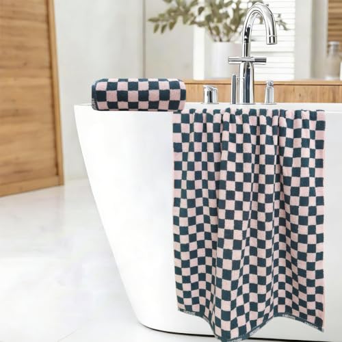 Pink Checkered Bath Towels Set of 2 - 27.5 x 55.1 Inch Cotton Spa & Beach Towels