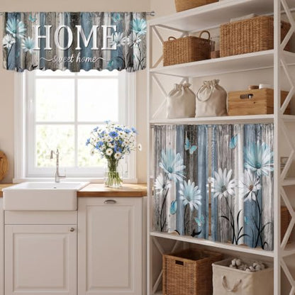 Farmhouse Daisy Kitchen Curtains and Valances Set Teal - Home Decor