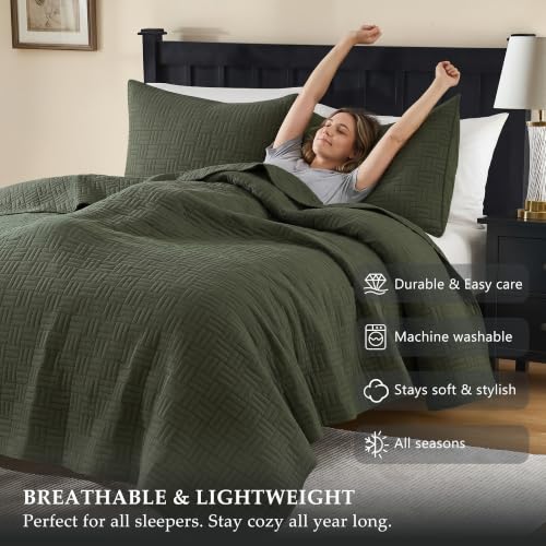 Light Green Cotton Quilt Set Queen Size 3 Pieces - Textured Rustic Bedding