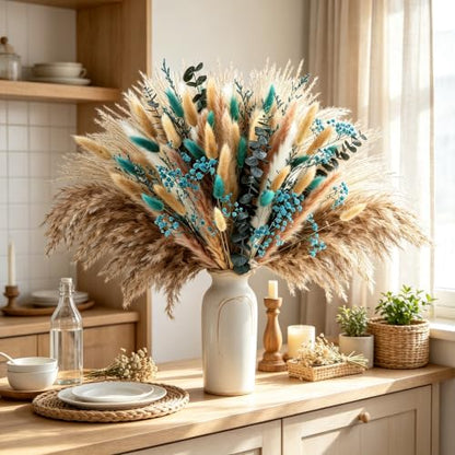 125 Pcs Turquoise Dried Pampas Grass for Home Decor & Bouquets - Natural & Fluffy