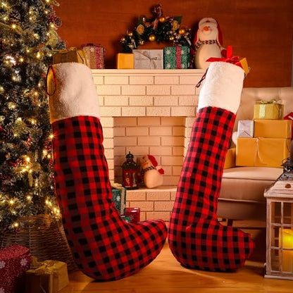 Giant Christmas Stockings Set of 4 - 43 Inch Felt & Buffalo Plaid Holiday Decor
