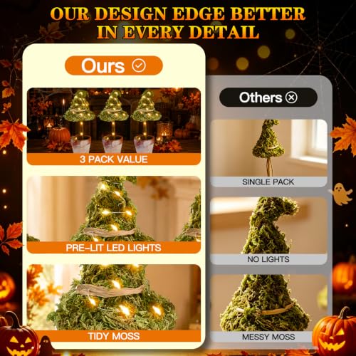 Halloween Witch Hat Topiary Plant Decor with LED Lights - 3 Pieces, Woodland Style