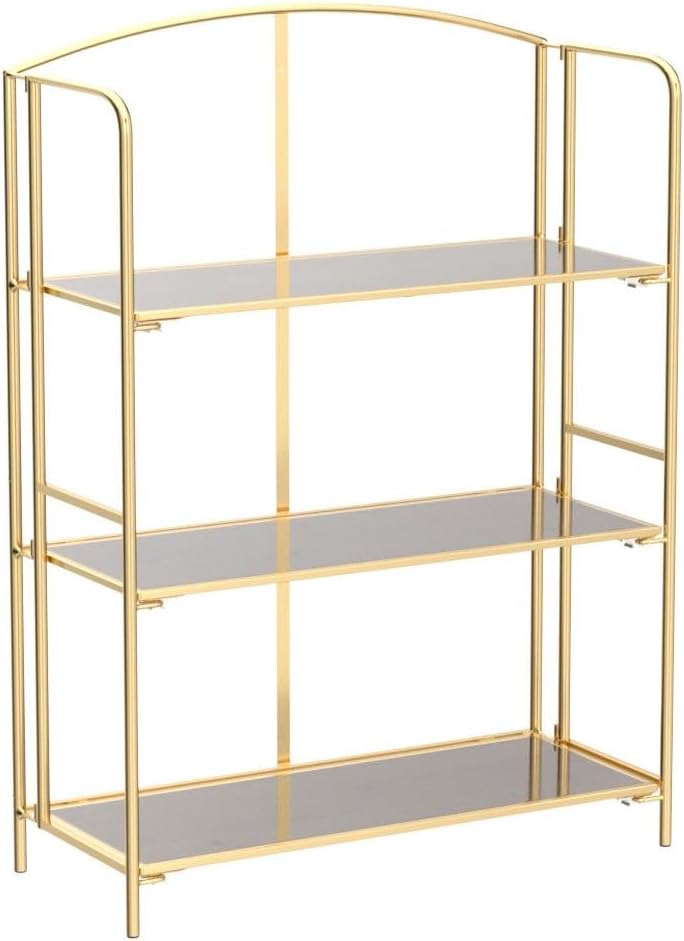 Crofy Folding Bookshelf - 3 Tier Gold Collapsible Bookcase for Living Room & Home Office Storage