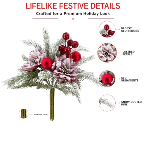 Christmas Bouquet Red Winter Artificial Flowers 2 Pack Holiday Decor