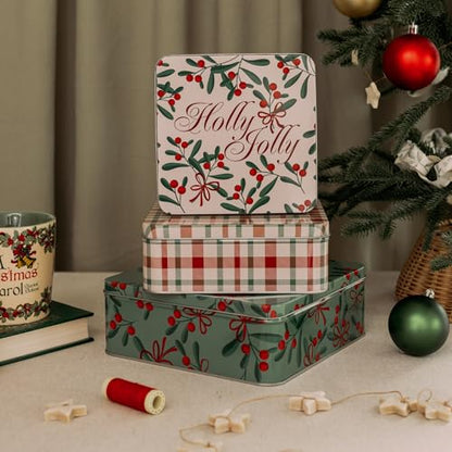 Square Cookie Tin Set of 3 - Holly Jolly Holiday Gift Containers