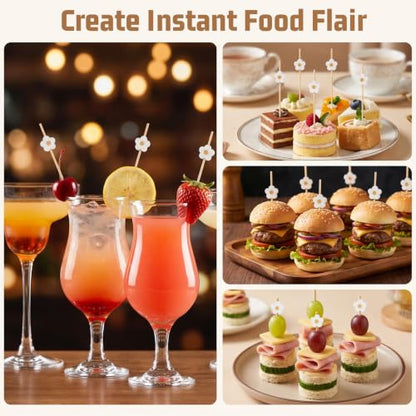 100 Pcs Daisy Flower Cocktail Picks - Elegant Food & Drink Decorations