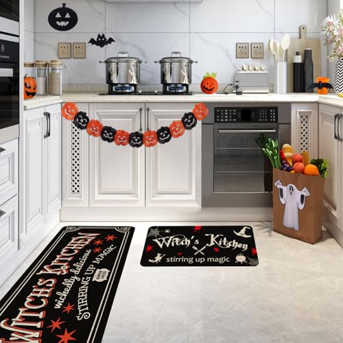 Halloween Witches Kitchen Mat Set of 2 - 17x29 & 17x47 Inches, Non-Slip Home Decor Rugs