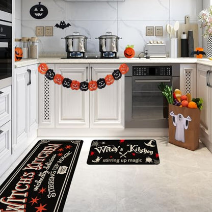 Halloween Witches Kitchen Mat Set of 2 - 17x29 & 17x47 Inches, Non-Slip Home Decor Rugs