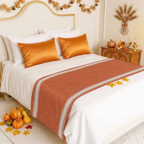 Burnt Orange Stripes Bed Runner for Twin Size Beds - 71 x 20 Inches Linen Decor