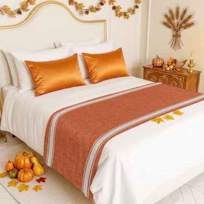 Burnt Orange Stripes Bed Runner for Twin Size Beds - 71 x 20 Inches Linen Decor