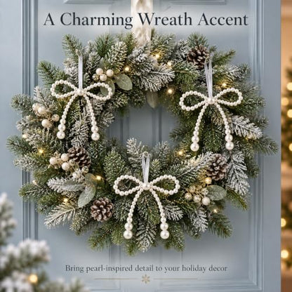 6 Pack White Pearl Bow Christmas Tree Ornaments - 4.7 Inch Holiday Decor