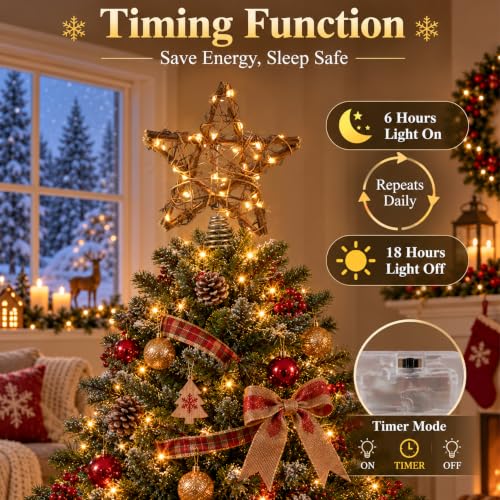 8 Inch Rattan Christmas Tree Topper Star with Warm LED Lights
