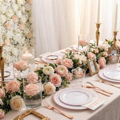 50 Guest White Rose Gold Plastic Plates Party Supplies for Wedding & Birthday