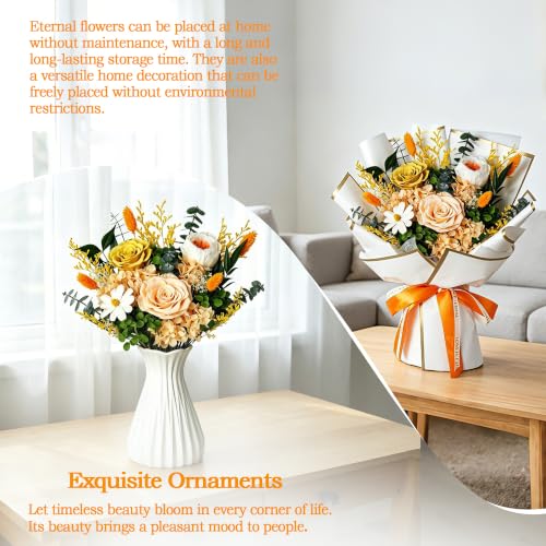 Orange Preserved Rose Flower Bouquet with Shatterproof Vase - Romantic Forever Gift for Anniversary & Valentine’s Day