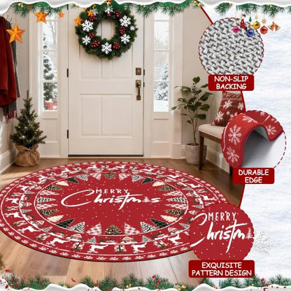 Christmas Round Area Rug 5ft Non-Slip Xmas Tree Carpet - Reindeer Red Variation