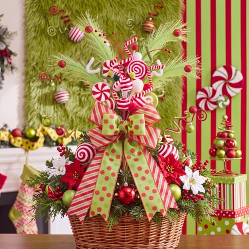 Christmas Tree Topper Set - Red & Green Whimsical Holiday Decor with Bow and Candy Canes - Novelty