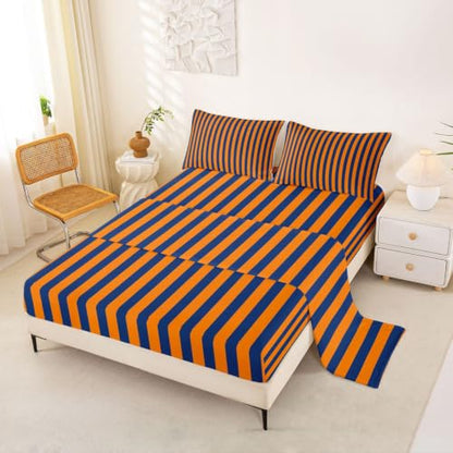 Kids Bed Sheet Set - Orange Navy Stripes, King Size, 4-Piece Bedding with Pillowcases