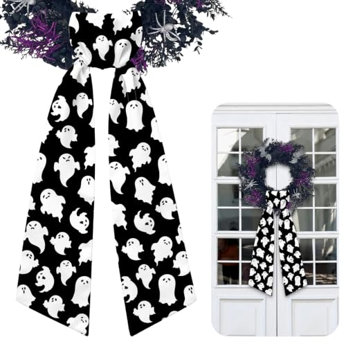Halloween Ghost Wreath Sash Set for Front Door Decor - Black & White, 2 Pack