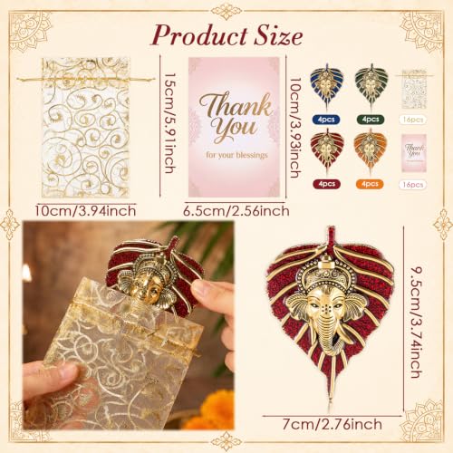Metal Leaf Ganesha Figurines Bulk Gift Set with Thank You Cards - 4 Colors, 16 Pack