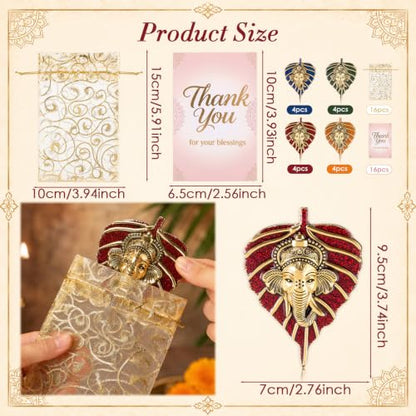 Metal Leaf Ganesha Figurines Bulk Gift Set with Thank You Cards - 4 Colors, 16 Pack