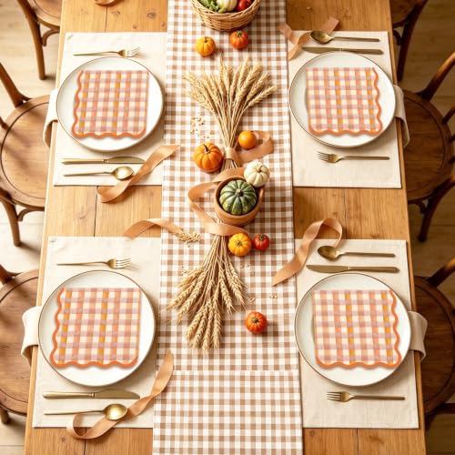 Fall Cocktail Napkins 50 Pack - Orange Brown Plaid Scalloped Edges