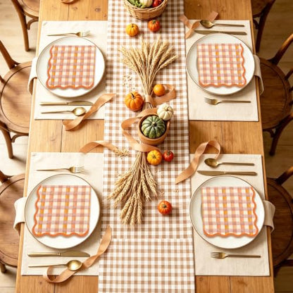Fall Cocktail Napkins 50 Pack - Orange Brown Plaid Scalloped Edges