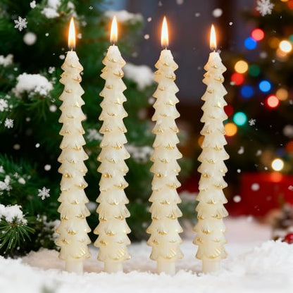 White 10-Inch Christmas Tree Candlesticks - 4 Pack Unscented Tree-Shaped Taper Candles for Holiday Decor