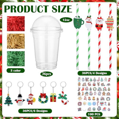 Christmas Party Favors Bulk Set with Cups, Straws, Stickers, Pendants & Rafia - Holiday Classroom Gifts