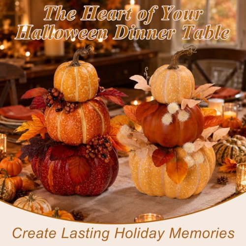 2Pcs Large Stacked Pumpkin Decor Set - Light Yellow & Orange Autumn Topiaries with Maple Leaves for Fall Harvest Halloween Thanksgiving