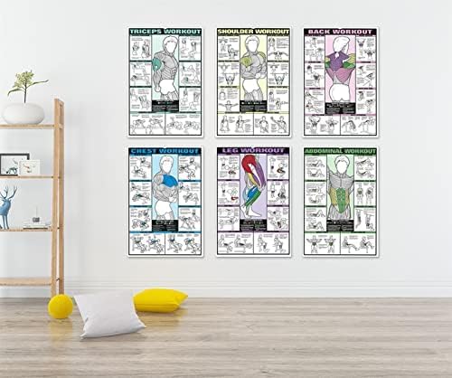 Skiennix 6PCS Workout Chart Posters - Motivational Gym Decor for Home | Fitness Exercise Charts for Triceps, Shoulders, Legs, Back, Chest, Abs