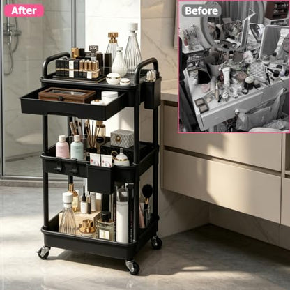 Black 3-Tier Rolling Makeup Cart with Drawer and Side Cups